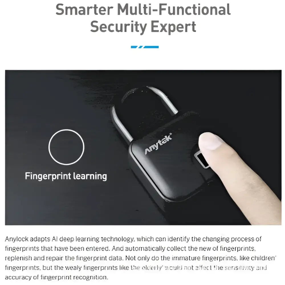 Black anytek waterproof l3 fingerprint padlock smart lock with sleek rectangular design and front fingerprint sensor