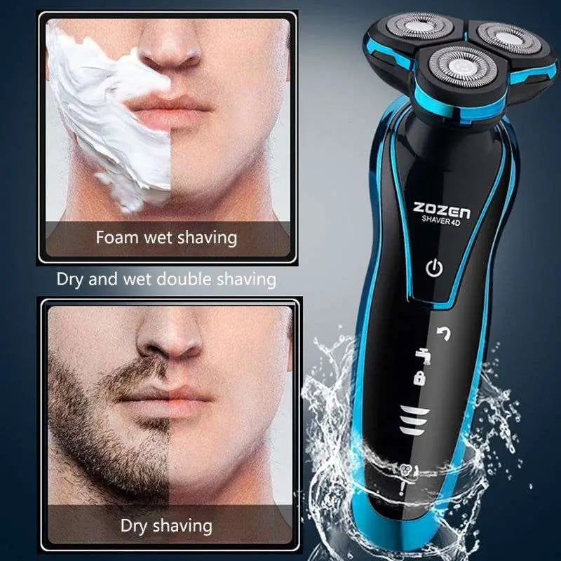 Black and blue zozen waterproof rechargeable 4d floating shaver with three rotary heads and usb charging port