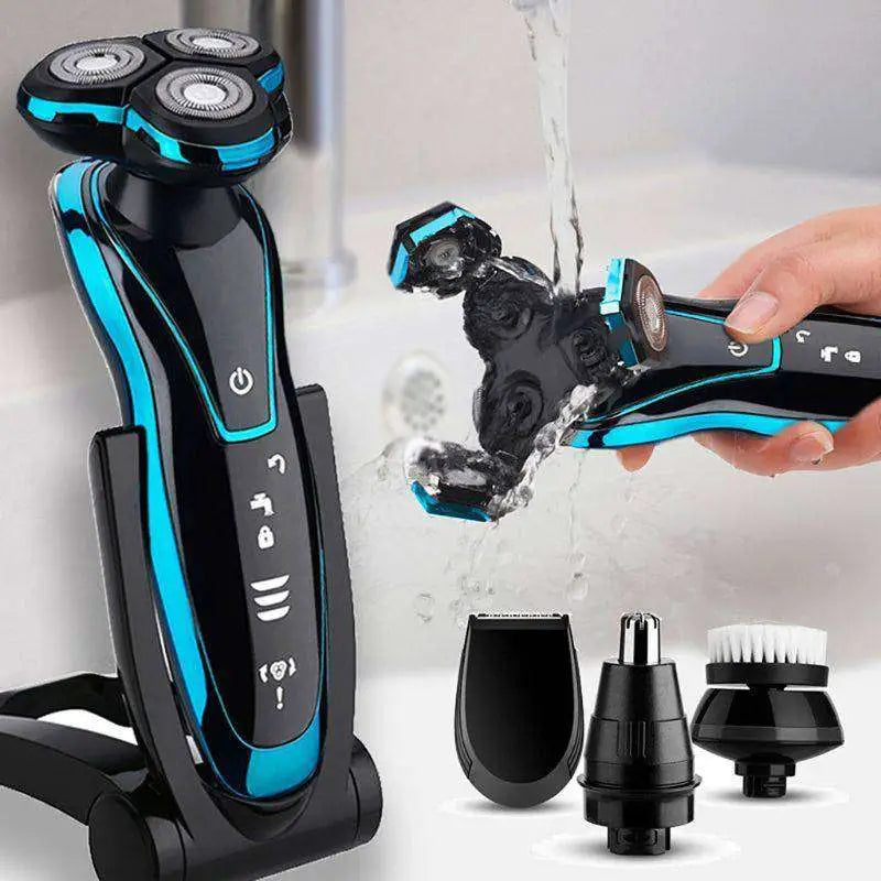 Black and blue zozen waterproof rechargeable 4d floating shaver with three rotary heads in charging stand and rinsed under water