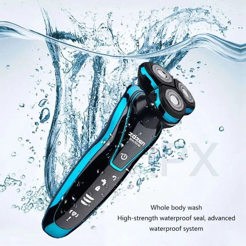 Black and teal blue zozen waterproof rechargeable floating shaver with three rotary blades and USB charging