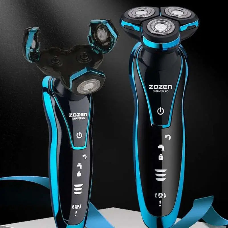 Black and blue zozen waterproof rechargeable 4d floating shaver with three rotary heads and glossy finish