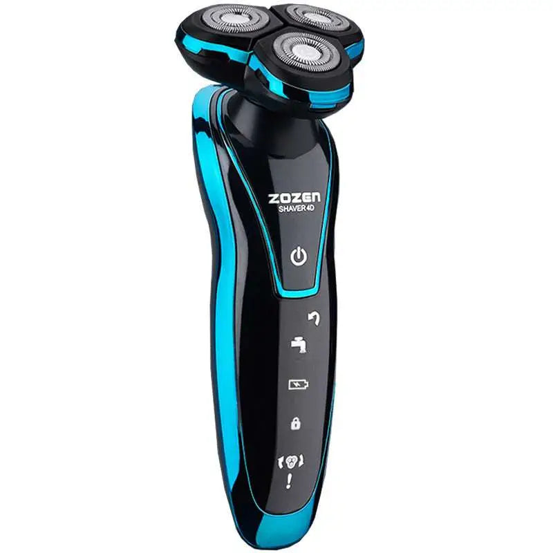 Black and blue zozen waterproof rechargeable 4d floating shaver electric razor with three rotary heads and usb charging