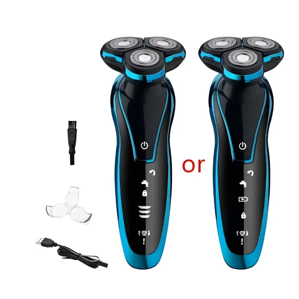 Black and blue waterproof rechargeable 4d floating shavers with three rotary heads and sleek ergonomic design by blue zozen