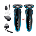 Black and blue waterproof rechargeable floating shaver with three rotary heads and sleek ergonomic design by blue zozen