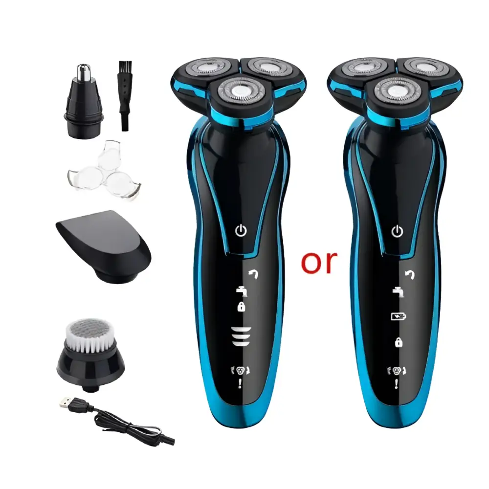 Black and blue waterproof rechargeable floating shaver with three rotary heads and sleek ergonomic design by blue zozen