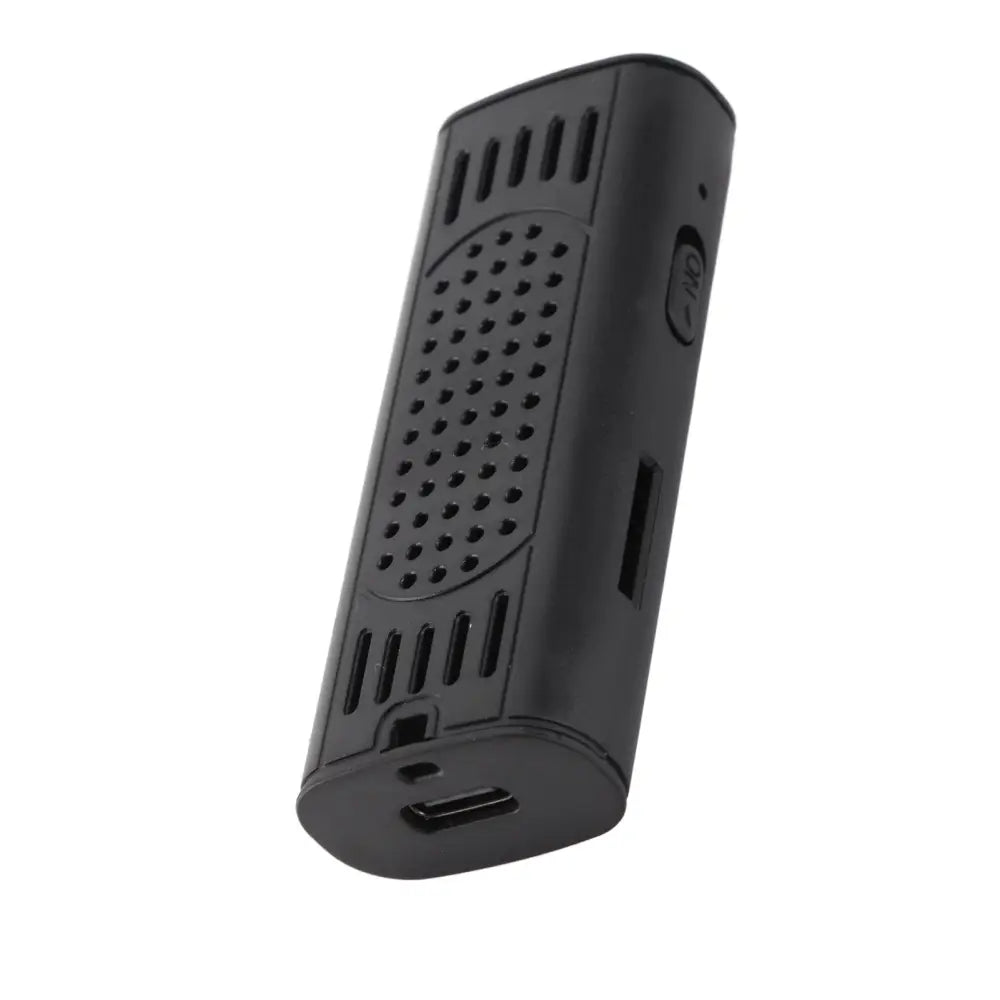 Black compact usb-powered voice recorder with perforated grille and on/off button for waterproof reverse hitch camera use