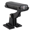 Black plastic waterproof reverse hitch wide angle camera with matte finish and textured grip on adjustable bracket