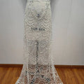 Sheer white lace wedding dress skirt with intricate silver wave style sequin bead lace and pearl embellishments
