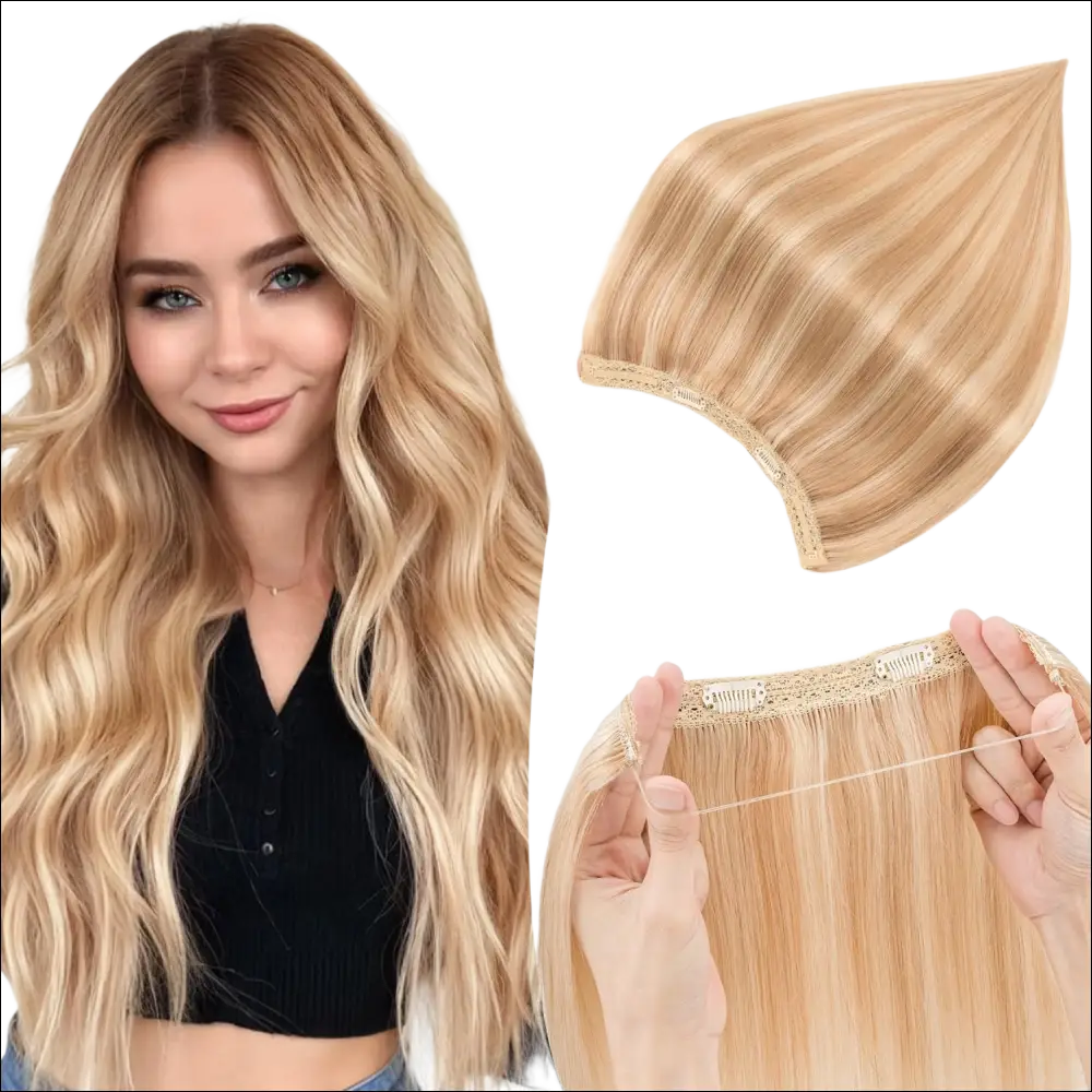 Wavy blonde remy human hair halo extensions with lace front and adhesive strip for seamless clip-in attachment