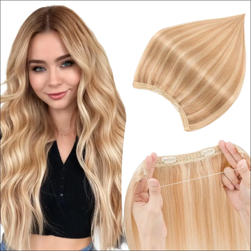 Wavy blonde remy human hair halo extensions with lace front and adhesive strip for seamless clip-in attachment