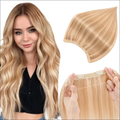 Wavy blonde remy human hair halo extensions with lace front and adhesive strip for seamless clip-in attachment