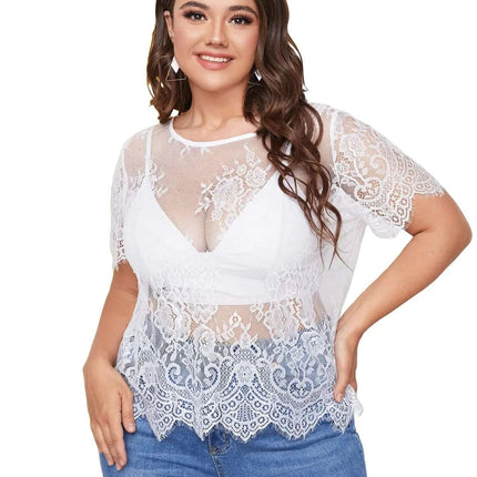 WDIRARA Womens Plus Size Sheer Mesh Lace Top Sexy Scallop Trim Blouse White 4XL - Royalessencelux