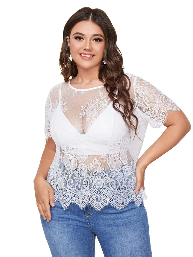 WDIRARA Womens Plus Size Sheer Mesh Lace Top Sexy Scallop Trim Blouse White 4XL - Royalessencelux