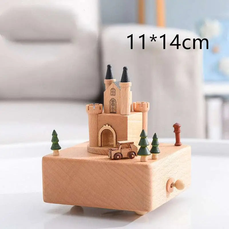 Wedding rocking horse wooden rotating music box with light wood miniature castle, black towers, pine trees, and wooden car table decoration
