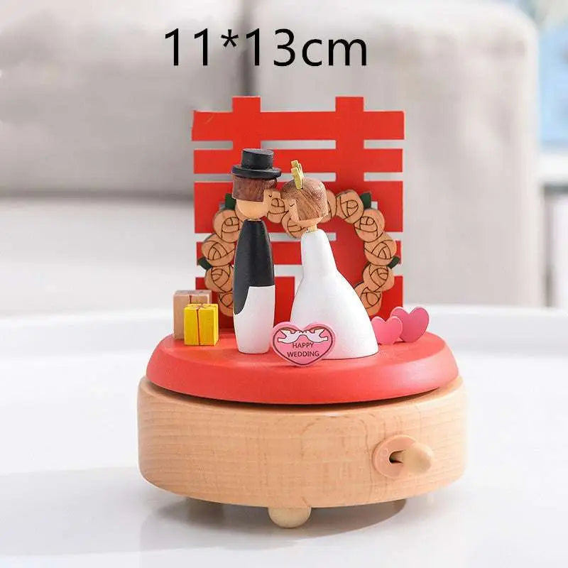 Wedding rocking horse wooden rotating music box with red top featuring a couple figurine and double happiness symbol table decoration