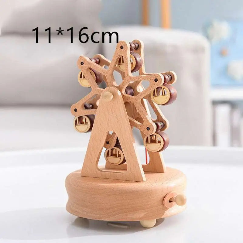 Wedding rocking horse wooden rotating music box in light wood with brown and gold tones as an elegant table decoration