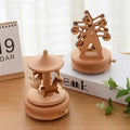 Light brown wooden rotating music box with carved horse and unicorn figures for wedding rocking horse table decoration