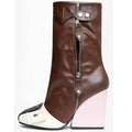 Brown leather large size boots with white and black toe cap, zipper closure designed, and a pink leather wedge heel
