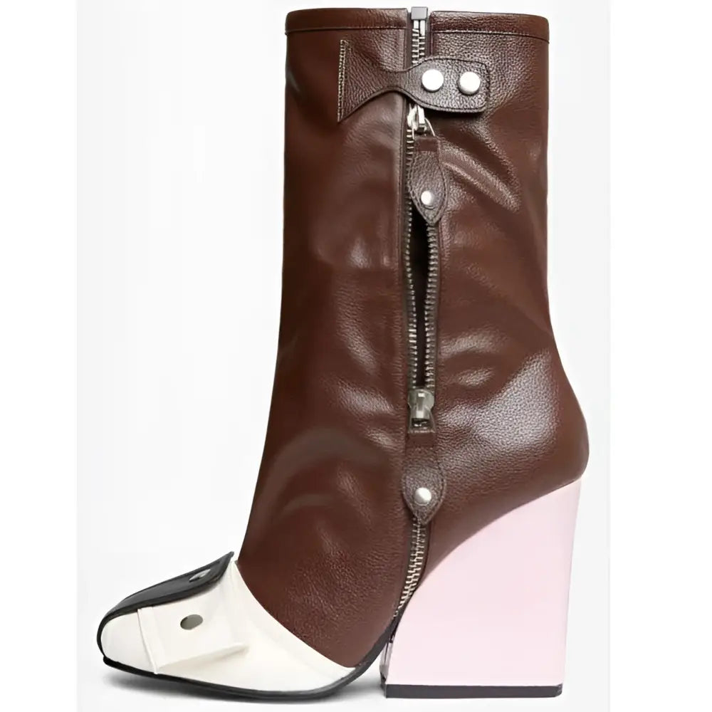 Brown leather large size boots with white and black toe cap, zipper closure designed, and a pink leather wedge heel