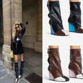 Wedge heel leather large size boots in black brown and white with bold blue or pink leather wedge heel and zipper closure designed