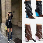 Wedge heel leather large size boots in black brown and white with bold blue or pink leather wedge heel and zipper closure designed