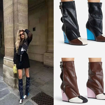 Wedge heel leather large size boots in black brown and white with bold blue or pink leather wedge heel and zipper closure designed