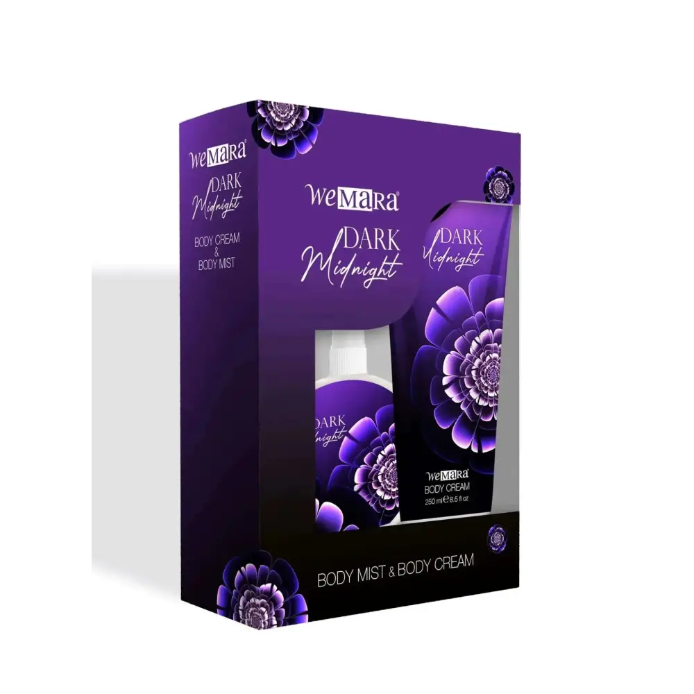 Purple wemara dark midnight set body cream and mist in a sleek floral-themed box for luxurious skincare gift