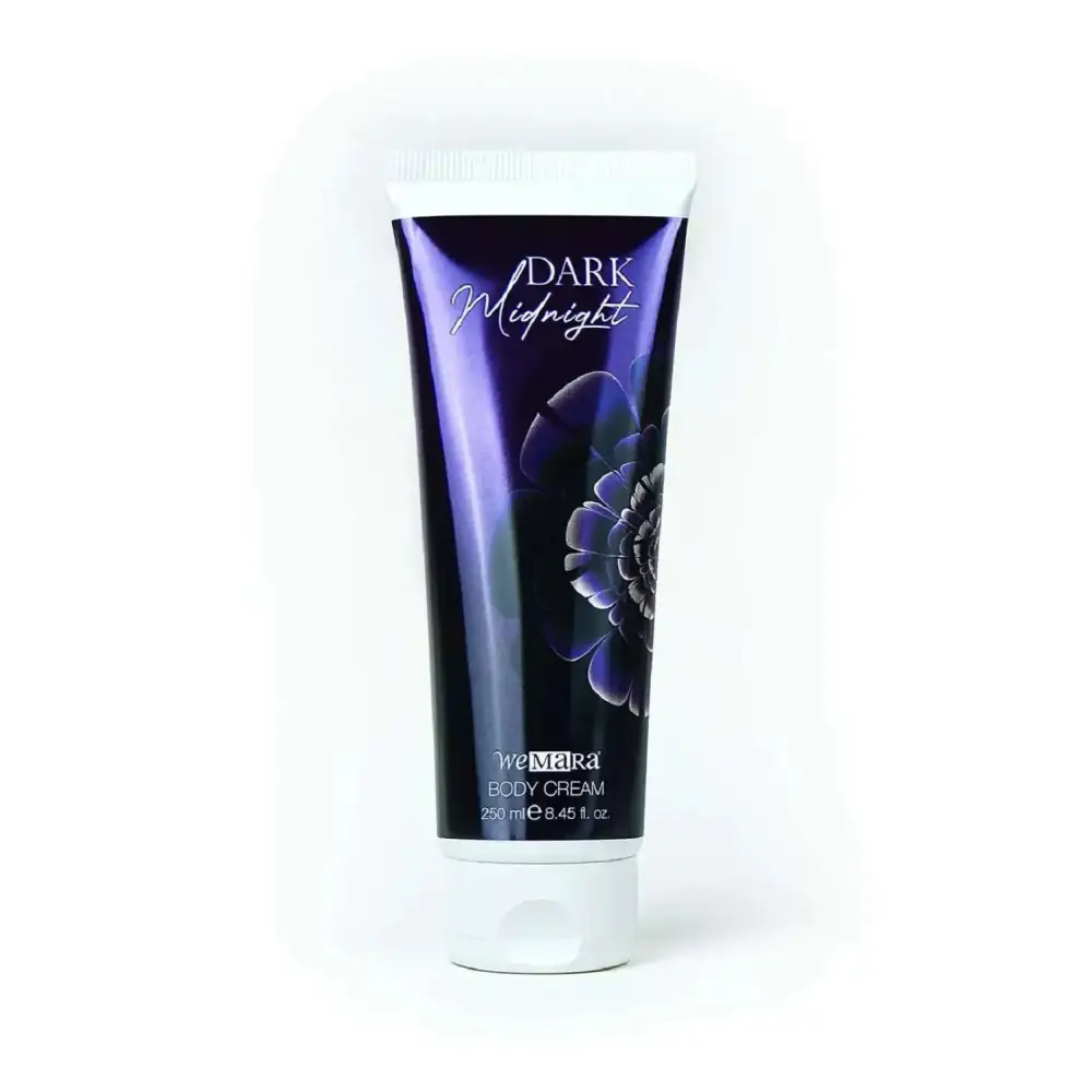 A sleek glossy purple tube of wemara dark midnight body cream with a white cap from the dark midnight set body collection
