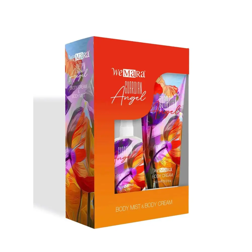 Wemara guardian angel set featuring a vibrant purple and orange floral body cream tube with matching body mist in an orange box