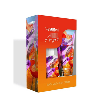 Wemara guardian angel set featuring a vibrant purple and orange floral body cream tube with matching body mist in an orange box