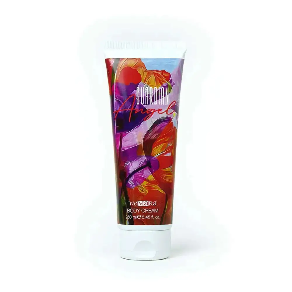 A vibrant floral-patterned wemara guardian angel body cream tube in bold reds purples and oranges for the guardian angel set body mist and cream