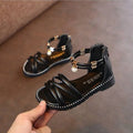 Black leather western style pink girls sandals with gold buckles and pearl charm for net red princesses