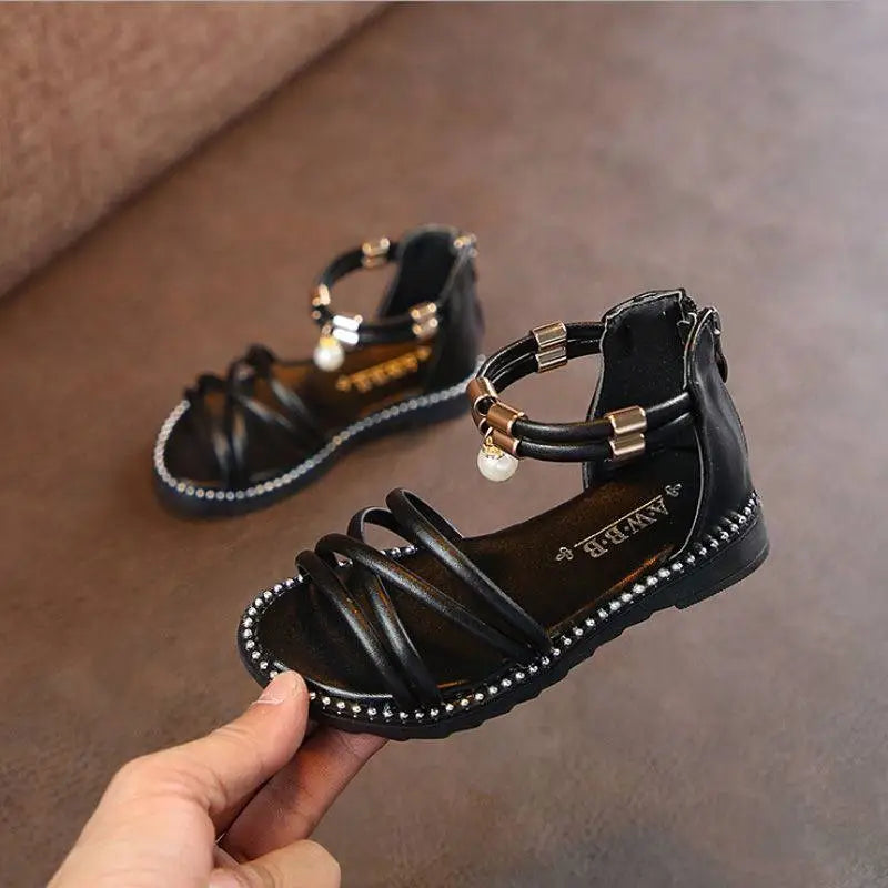 Black leather western style pink girls sandals with gold buckles and pearl charm for net red princesses
