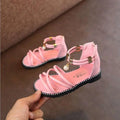 Western style pink girls sandals with crisscross straps gold-tone buckles and pearl charm for net red princesses