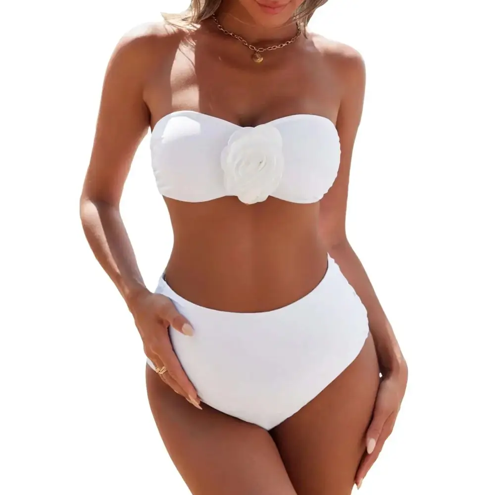 White 3d flower strapless bikini top with floral embellishment for piece maternity bathing suit use