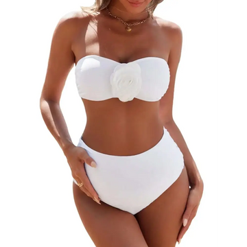 White 3d flower strapless bikini top with floral embellishment for piece maternity bathing suit use