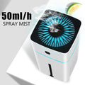 White rectangular purifier humidifier with black accents and teal glowing fan design emitting mist on top