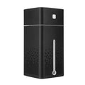 Black rectangular purifier humidifier with silver accent stripe perforated sides and white temperature indicator strip