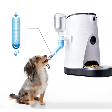 White and black pet automatic feeder with battery power supply and transparent water bottle for convenient feeding remote use