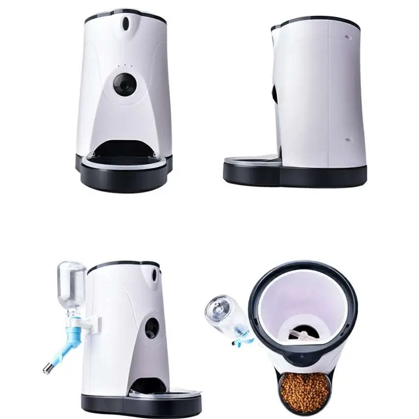 White and black pet automatic feeder with battery power supply and transparent water bottle for convenient feeding remote use