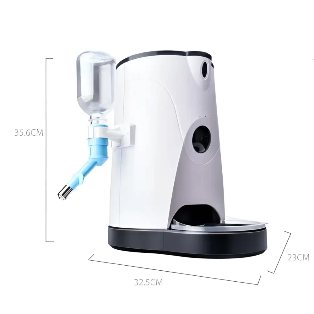 White and gray pet automatic feeder with battery power supply and feeding remote features clear water dispenser side