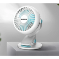 White and blue aux brand misting fan with circular design and blue clip portable mini desktop fan with clip-on base