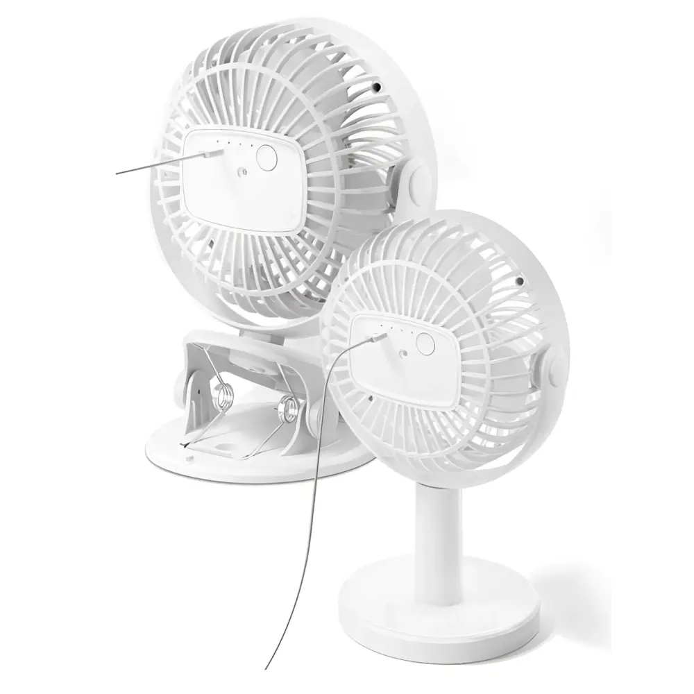 White plastic misting fan with blue clip and circular design features clip-on and stand-mounted options for desktops