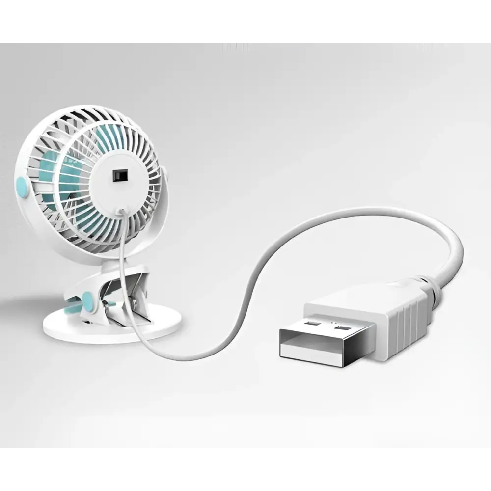 White and blue clip on portable mini desktop fan with usb power misting fan and circular design grille with blue clip