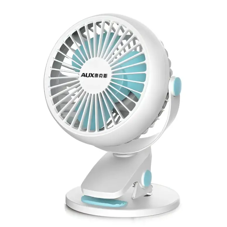 White and blue clip on portable mini desktop fan with circular design and blue clip for misting fan use