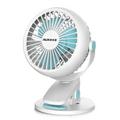 White and blue clip on portable mini desktop fan with circular design and blue clip for misting fan functionality