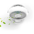 White aux brand white and blue clip on portable mini desktop misting fan with sleek circular design and grille