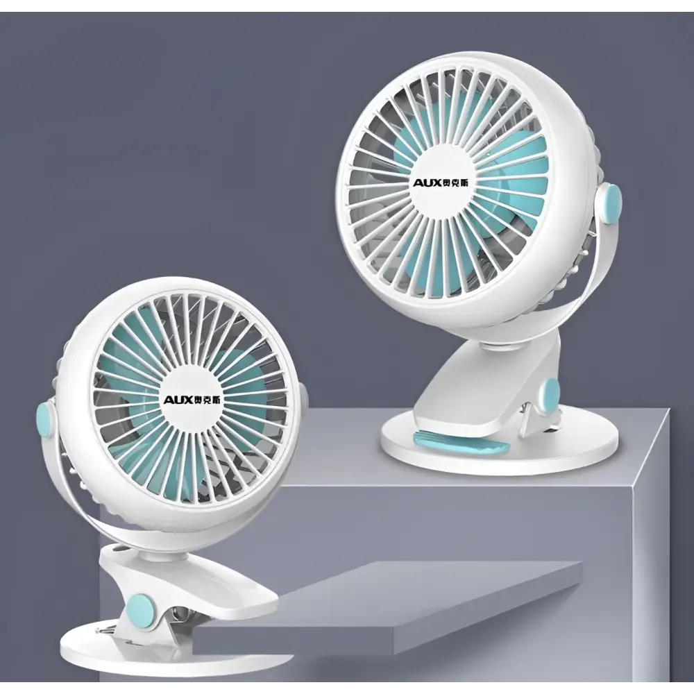 White and blue clip on portable mini desktop fan with circular design and blue clip for misting fan use