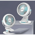 White and blue clip on portable mini desktop fan with circular design and blue clip for misting fan use