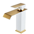 Modern white and gold cold water waterfall basin faucet with sleek angular design and polished ceramic and gold accents